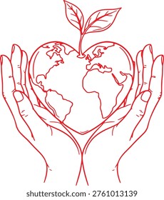 Heart Shaped Earth in Hands Line Art | Global Love, Environmental Care and Nature Growth Illustration
