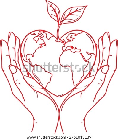 Heart Shaped Earth in Hands Line Art | Global Love, Environmental Care and Nature Growth Illustration