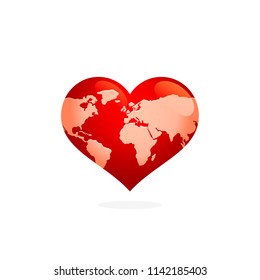 Heart shaped Earth map globe illustration. Earth day stock image.