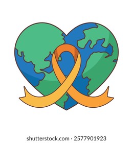 Heart shaped Earth wrapped in a yellow ribbon symbolizing cancer awareness