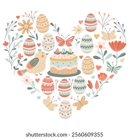 Heart shaped Easter illustration with decorated eggs, flowers, butterflies, birds, easter cake in pastel colors. Perfect for greeting cards, invitations, prints, and holiday decor.