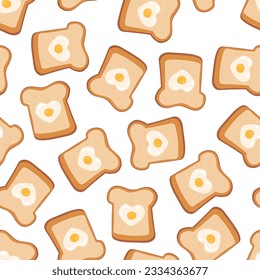 Heart shaped egg in toasted slice of rye bread vector seamless pattern. St Valentine's day Love breakfast Romantic texture background