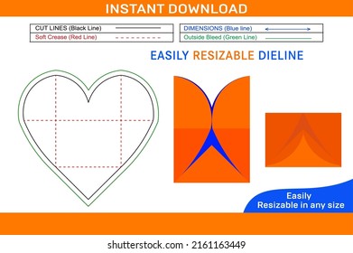 Heart shaped envelope dieline template and 3D envelope design