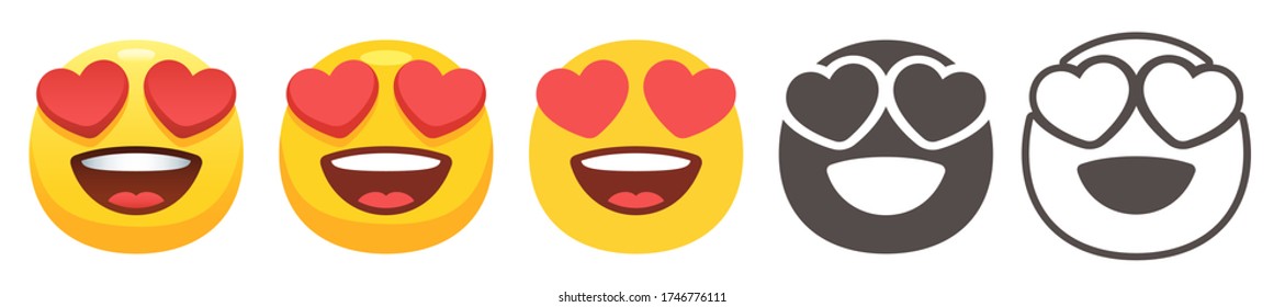 Heart Shaped Eyes Emoji. Yellow Face With Red Hearts Instead Of Eyes And Open Smile. In Love Emoticon Flat Vector Icon Set