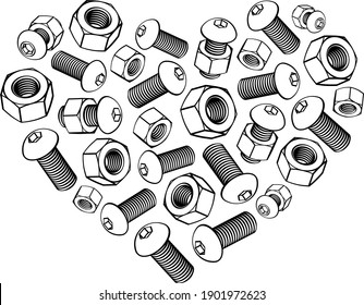 Heart shaped figure laid out from various assorted black bolts and screws. Concept of Valentine Day and happy fathers day, symbol for robotic heart, mechanism. Vector line illustration.