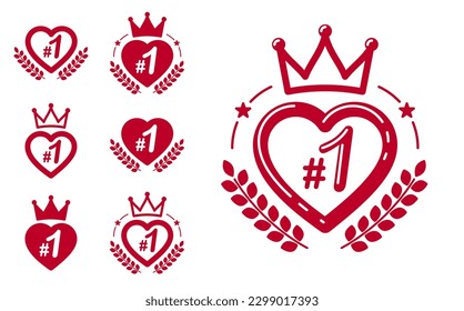 El primer lugar con forma de corazón éxito empresarial número uno y las etiquetas vectoriales triunfales se establecen aisladas sobre blanco, elementos de diseño gráfico, colección de emblemas clásicos de cosecha geométrica.