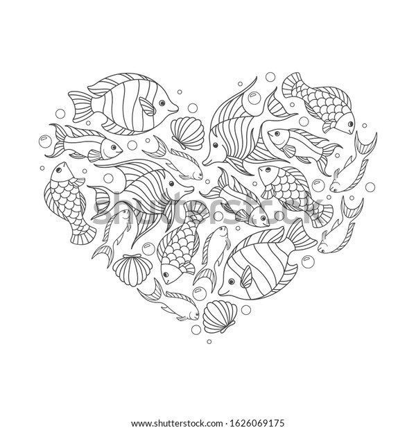 heart shaped fish shells bubbles coloring stock vector