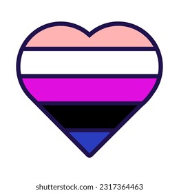 Heart shaped flag of Genderfluid Pride. Traditional and progressive unconventional sexual relations between sexes groups. Color stroke vector icon isolated on white background