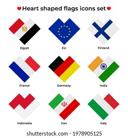 Heart shaped flags icons set. Flag icon in simple rectangular heart shape. Vector icon, symbol, button. Illustration in flat style