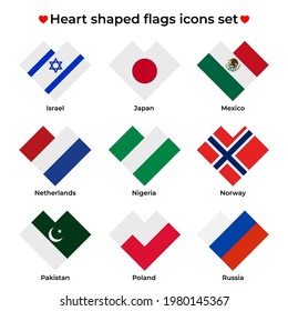 Heart shaped flags icons set. Flag icon in simple rectangular heart shape. Vector icon, symbol, button. Illustration in flat style
