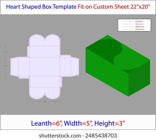 Heart Shaped Flap Gift Box L 6, W 5, H 3 inch Dieline Template. Editable Vector File