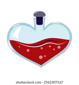 Heart shaped flask with red liquid. Valentine's day element for design on white background. Isolated vector illustration.