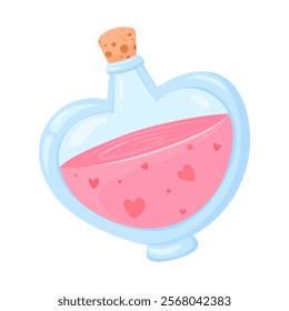 Heart shaped flask with red liquid. Valentine's day element for design on white background. Isolated vector illustration.