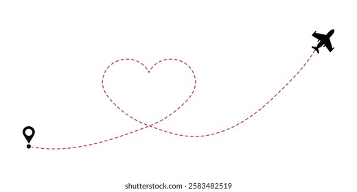 Heart shaped flight path airplane taking off on a journey of love. Love travel routes.