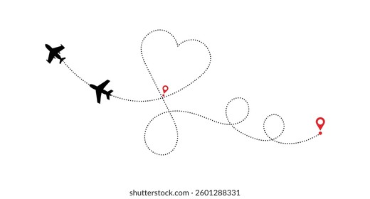 Heart shaped flight path a romantic journey. Airplane flight route with start point and dash line.