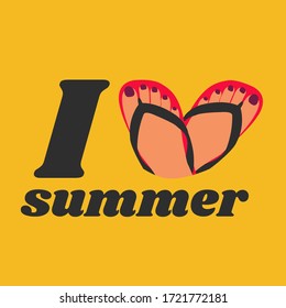 Herzförmige Flip-Flops-Symbol-Vektorgrafik. Ich liebe sommerliche Texturgrafik-Logo. Füße mit schwarzen Nägeln in Flip Flops Symbol flach Design. typografische Banner für Urlaubskonzept & Idee für T-Shirt-Kunst