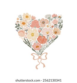 Heart shaped floral arrangement, pastel colors, perfect for romantic occasions. Flat style illustration