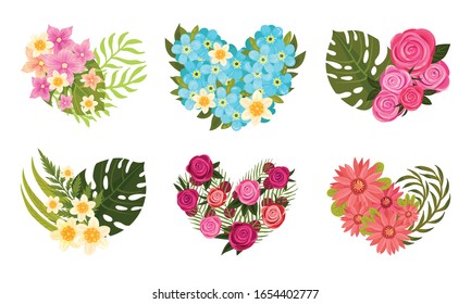 Heart Shaped Floral Compositions with Tropical Leaves and Flowers Vector Set