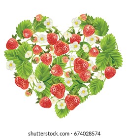 heart shaped floral element, decorated by forest strawberry, on white background. Vector realistic illustration for textile, t shirts, greetings card