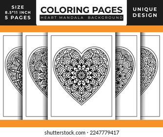 Páginas de coloreo de arte con forma de cardíaco con forma de mandala floral, líneas dibujadas a mano, doodle, cardíacas florales, mandala colorante