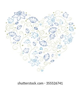Heart shaped floral pattern. Tulip and lily flowers. Blue and green outline on white background.
