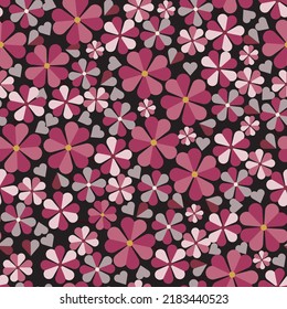 Heart shaped floral seamless pattern. Modern template design on a black background. Botanical stylish vector illustration. Textile, fabric, wall, tile pattern. Tile pattern. Surface printed pattern.