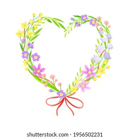 Heart Shaped Floristic Composition of Blooming Spring Meadow Flowers Vector Illustration
