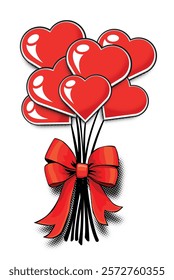 Heart shaped flower bouquet in pop art style. Concept of love, message with love declaration. Valentine's day greeting card template on transparent background