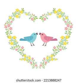 heart shaped flower frame with love birds