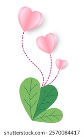 Heart shaped flower and green leaves paper cut, minimal design in cute vector style for Valentine's Day, romance, affection and love concepts, isolated icon on white background