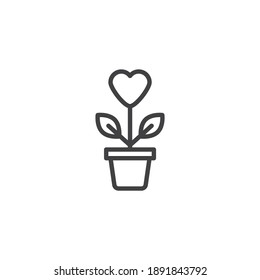 Heart shaped flower line icon. linear style sign for mobile concept and web design. Valentine's day flower pot outline vector icon. Symbol, logo illustration. Vector graphics