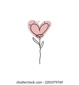 Heart shaped flower, natural cosmetics vector illustration, concept of self care, massage and beauty. ontinuous line drawing by hand, icon isolated on white background.