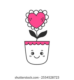 Heart shaped Flower in Pot Doodle. Hand drawn potted houseplant with cute smiling face love symbol petals leaf. Valentines day vector illustration