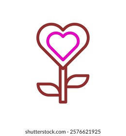 Heart shaped flower with two leaves on a white background