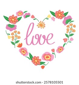 Heart shaped flower wreath with Love lettering inside. Vector illustration of flower arrangement for Valentine's Day, Mother's Day, wedding invitation, romantic postcard, eps 10.