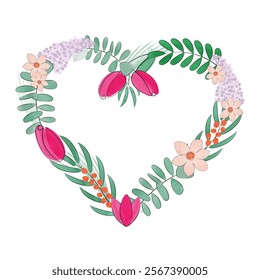 Heart shaped flower wreath. Valentine's Day. Color vector illustration with the image of a heart and flowers painted with watercolor in a thin line style for decorating postcards, posters, gifts.