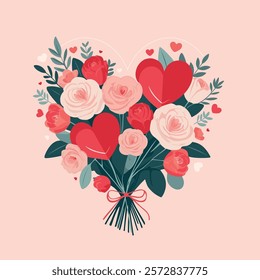 
Heart Shaped Flowers Bouquet, Valentine's Day: Valentine's Day, Flat Lay and Still Life, Flowers Heart