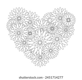 Flores en forma de corazón - página para colorear. Corazón floral blanco y negro con flores decorativas. Ilustración vectorial