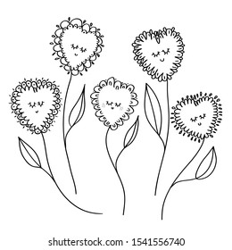 heart shaped flowers drawn in vector by hand in line  art style on a white background. Illustration can be printed on postcards for St. Valentine`s Day or in children`s books.