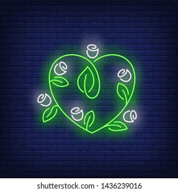 Heart shaped flowers neon sign. Environment, nature, plant, ecology design. Night bright neon sign, colorful billboard, light banner. Vector illustration in neon style.