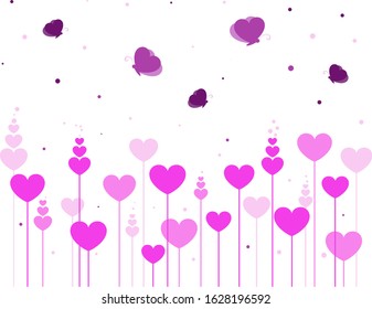 Heart shaped flowers. A pink flower-shaped heart with butterflies fluttering above them. Valentine's Day.