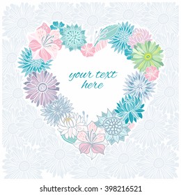 Heart shaped flowers template background. Invitation card. Vector illustration.