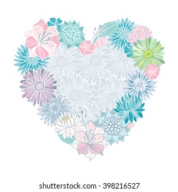 Heart shaped flowers template background. Invitation card. Vector illustration.