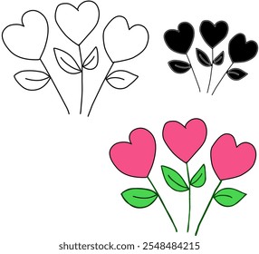 Flores en forma de corazón con tres variaciones de contorno blanco y negro, silueta negra sólida y flores rosadas con hojas verdes