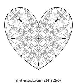Heart shaped flowers zentangle pattern for coloring book. Heart shaped mandala for Valentine's day or coloring book.