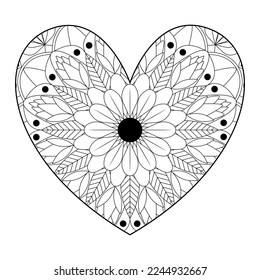 Heart shaped flowers zentangle pattern for coloring book. Heart shaped mandala for Valentine's day or coloring book.
