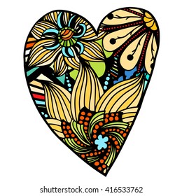 Heart shaped flowers zentangle pattern for coloring book. Colored