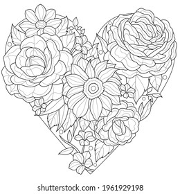 
Heart shaped flowers.Coloring book antistress for children and adults. Illustration isolated on white background.Zen-tangle style. Hand draw