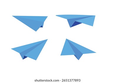   Heart shaped Flying paper airplane with dotted air route envelope start point line trace and plane routes. Realistic paper planes collection. School or children n blue  sky cloudy background
