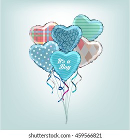 Heart shaped foil helium balloons with "it's a Boy" text and colorful pattern. Detailed and realistic Vector illustration